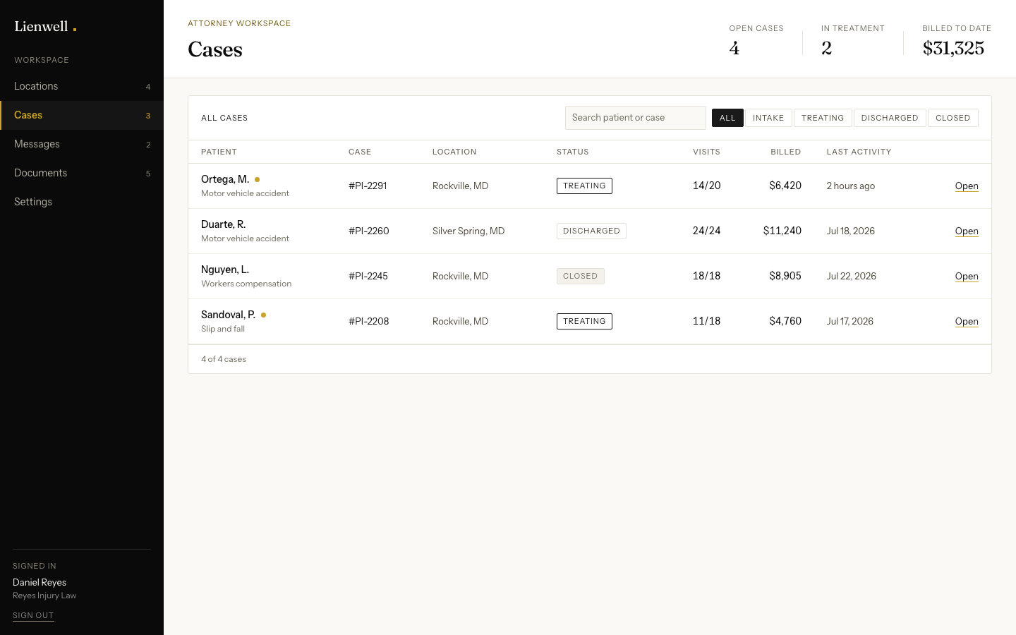 Attorney workspace listing cases with status, visit counts and billed totals